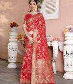 Red red floral woven design zari detailed organza saree
