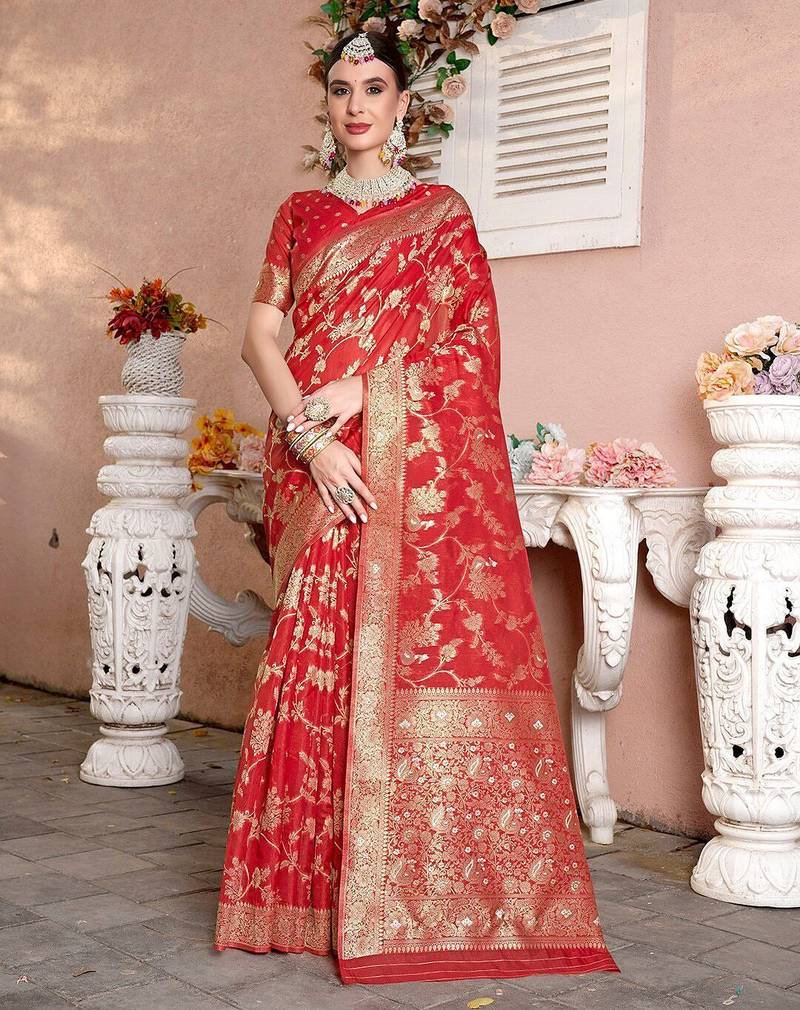 Red red floral woven design zari detailed organza saree