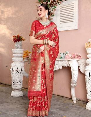 Red red floral woven design zari detailed organza saree 2