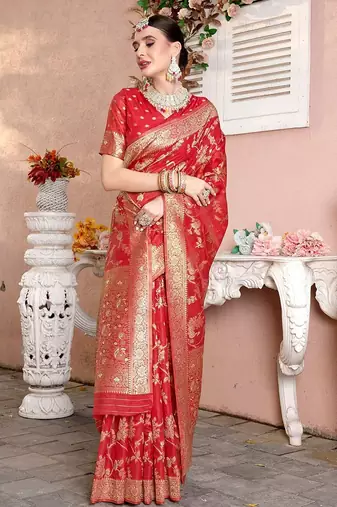 Red red floral woven design zari detailed organza saree