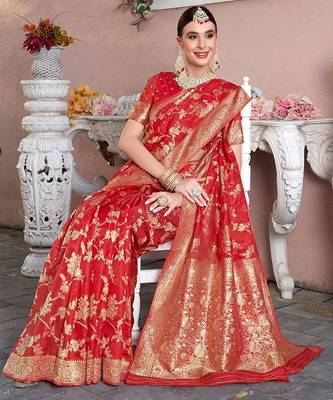 Red red floral woven design zari detailed organza saree 3