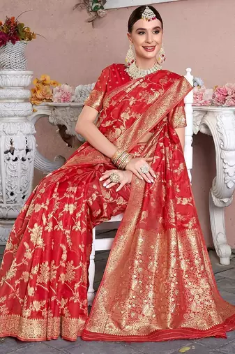 Red red floral woven design zari detailed organza saree