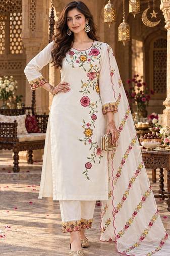 women floral embroidered thread work kurta with trousers & dupatta