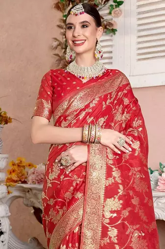 Red red floral woven design zari detailed organza saree