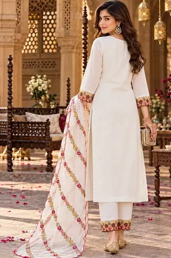 women floral embroidered thread work kurta with trousers & dupatta