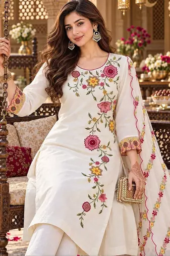 women floral embroidered thread work kurta with trousers & dupatta