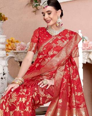 Red red floral woven design zari detailed organza saree 5