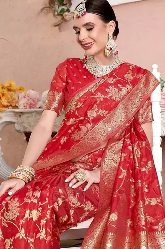 Red red floral woven design zari detailed organza saree