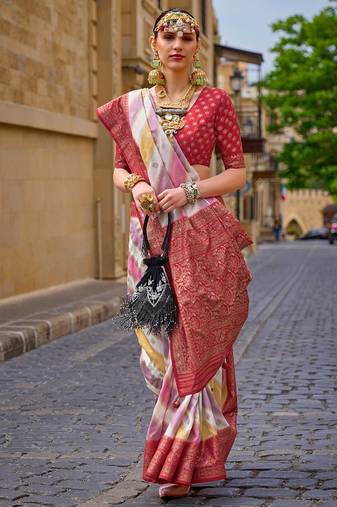 Pink woven design zari silk blend banarasi saree
