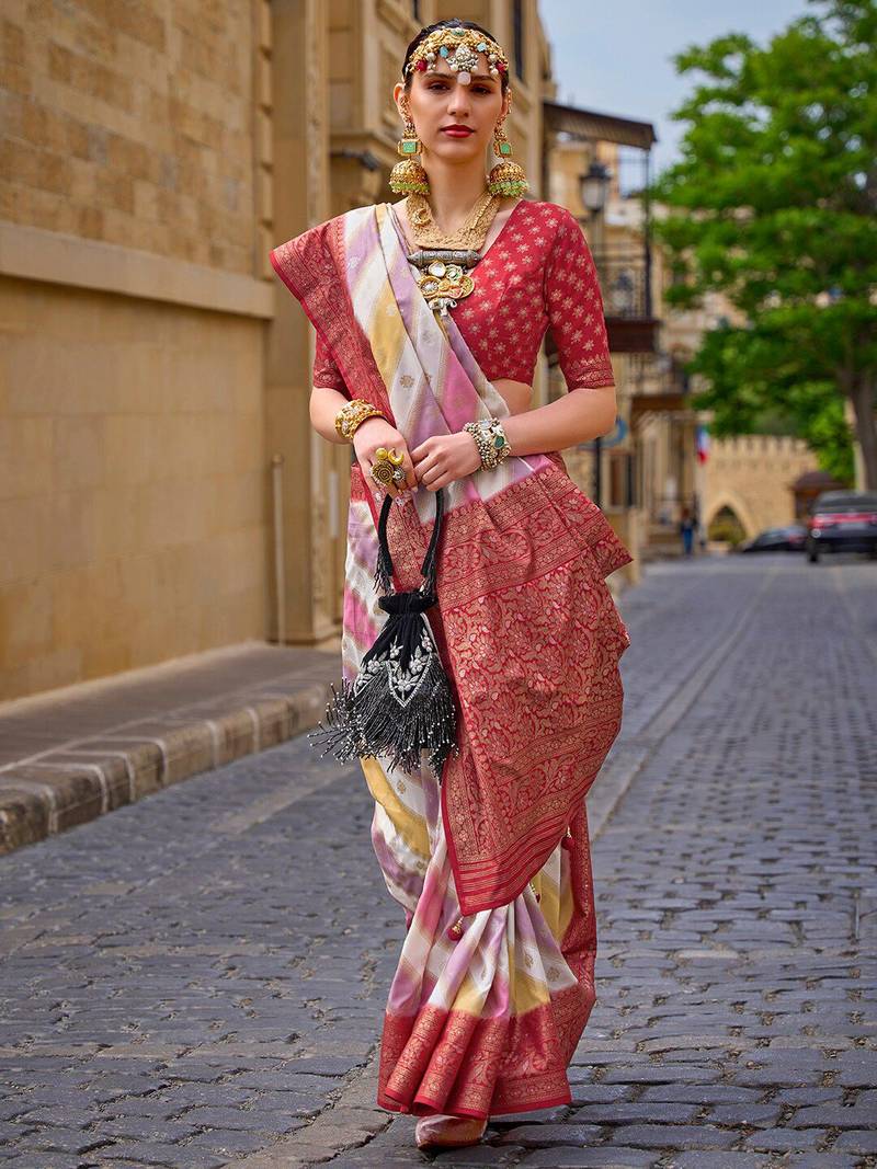 Pink woven design zari silk blend banarasi saree