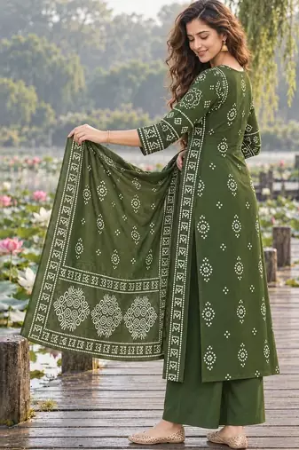 women ethnic motifs printed regular mirror work  cotton kurta with palazzos & with dupatta