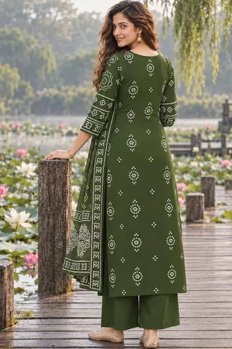 women ethnic motifs printed regular mirror work  cotton kurta with palazzos & with dupatta