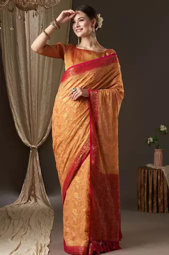 Peach peach-coloured & red woven design zari  georgette kanjeevaram saree