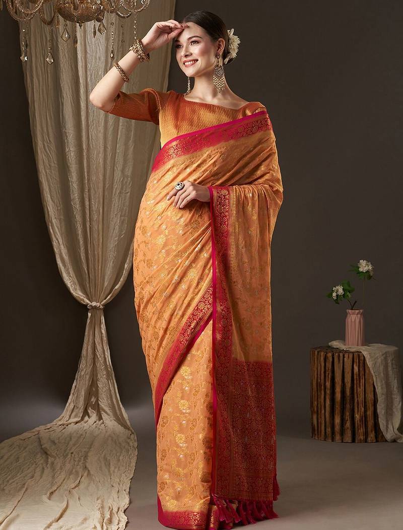 Peach peach-coloured & red woven design zari  georgette kanjeevaram saree