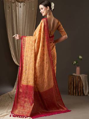 Peach peach-coloured & red woven design zari  georgette kanjeevaram saree 2
