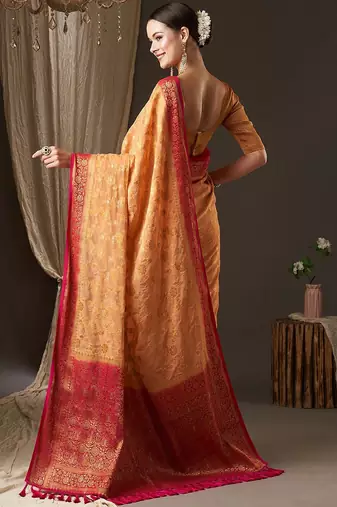 Peach peach-coloured & red woven design zari  georgette kanjeevaram saree