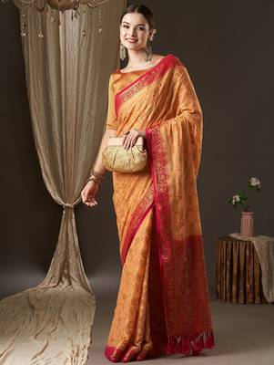 Peach peach-coloured & red woven design zari  georgette kanjeevaram saree 3