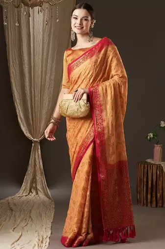 Peach peach-coloured & red woven design zari  georgette kanjeevaram saree