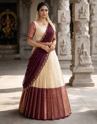 South Indian Style Semi-Stitched Half Saree with Blouse and Dupatta 3