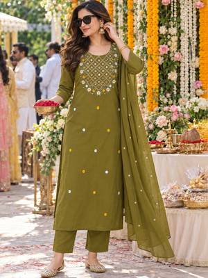 women ethnic motifs embroidered regular mirror work  cotton kurta with trousers & with 1