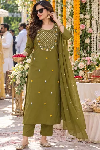 women ethnic motifs embroidered regular mirror work  cotton kurta with trousers & with