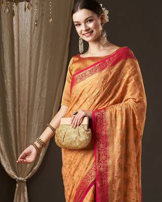 Peach peach-coloured & red woven design zari  georgette kanjeevaram saree 4