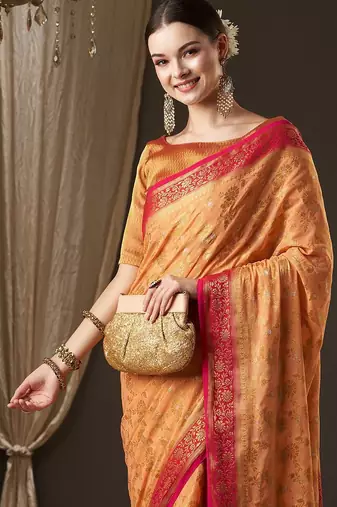 Peach peach-coloured & red woven design zari  georgette kanjeevaram saree