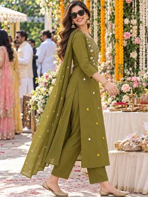 women ethnic motifs embroidered regular mirror work  cotton kurta with trousers & with 2