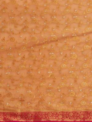 Peach peach-coloured & red woven design zari  georgette kanjeevaram saree 5