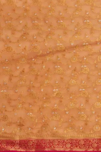 Peach peach-coloured & red woven design zari  georgette kanjeevaram saree