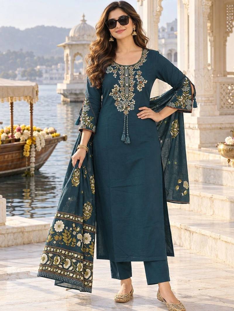 women ethnic motifs embroidered regular thread work  cotton kurta with trousers & with