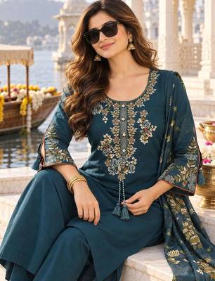women ethnic motifs embroidered regular thread work  cotton kurta with trousers & with 2