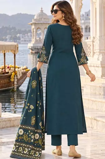 women ethnic motifs embroidered regular thread work  cotton kurta with trousers & with