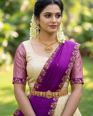 South Indian Style Semi-Stitched Half Saree with Blouse and Dupatta 4
