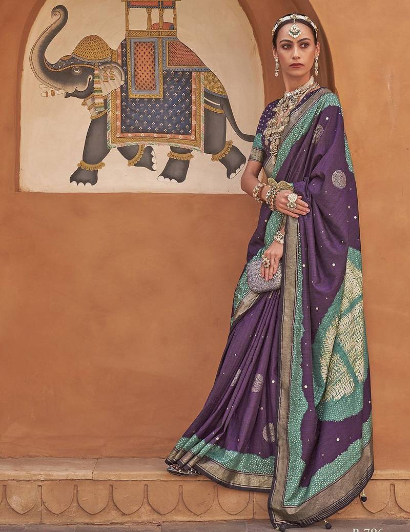 Purple purple & green geometric woven design zari saree