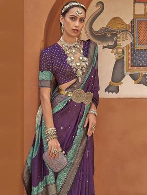 Purple purple & green geometric woven design zari saree 2