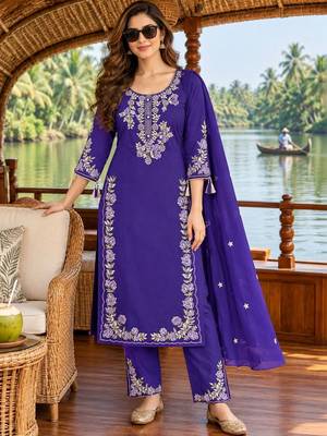 women ethnic motifs embroidered regular thread work  cotton kurta with trousers & with 1