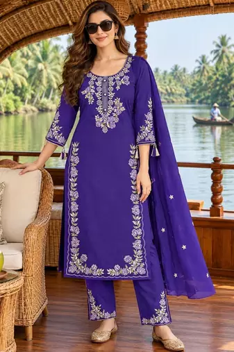 women ethnic motifs embroidered regular thread work  cotton kurta with trousers & with