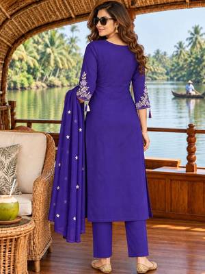 women ethnic motifs embroidered regular thread work  cotton kurta with trousers & with 2