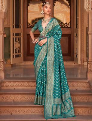 Teal woven design zari silk blend banarasi saree 1