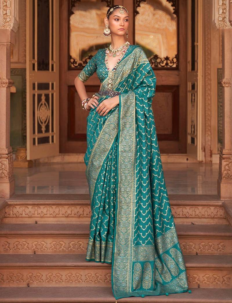 Teal woven design zari silk blend banarasi saree