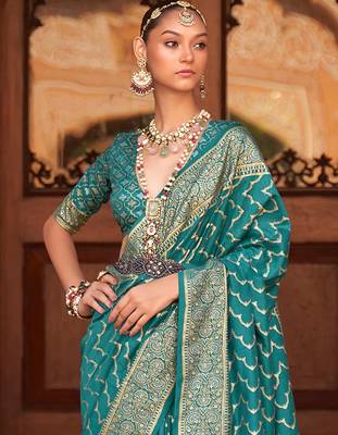 Teal woven design zari silk blend banarasi saree 2