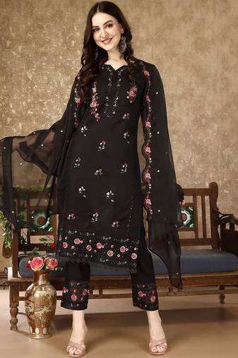floral embroidered notch neck sequinned kurta with trousers and dupatta