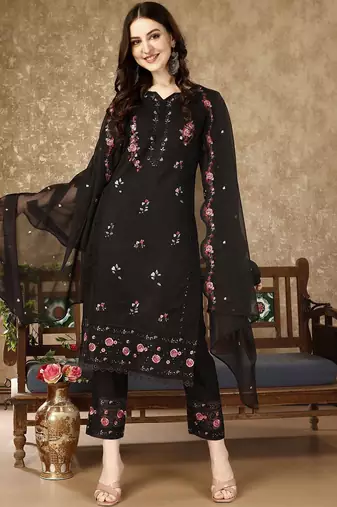 floral embroidered notch neck sequinned kurta with trousers and dupatta