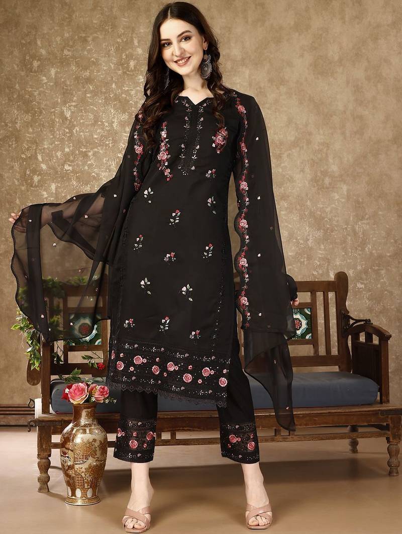 floral embroidered notch neck sequinned kurta with trousers and dupatta