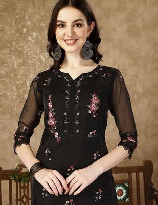 floral embroidered notch neck sequinned kurta with trousers and dupatta 2