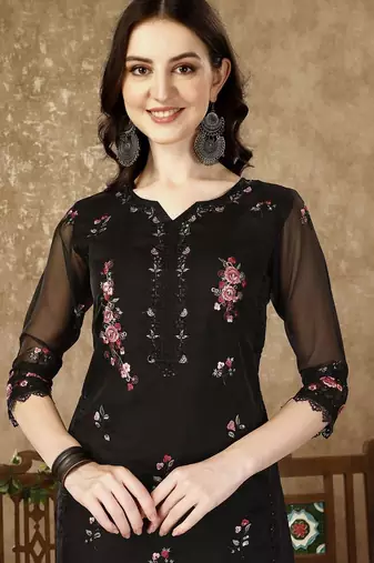 floral embroidered notch neck sequinned kurta with trousers and dupatta