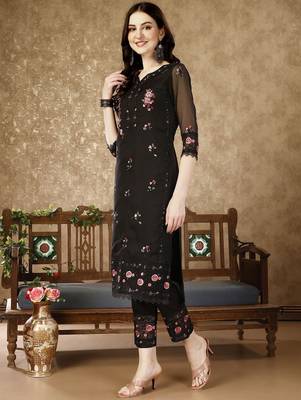 floral embroidered notch neck sequinned kurta with trousers and dupatta 3