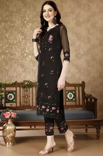 floral embroidered notch neck sequinned kurta with trousers and dupatta