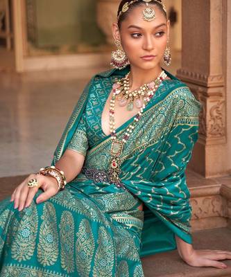 Teal woven design zari silk blend banarasi saree 3